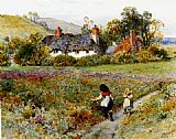 William Stephen Coleman Children Playing On A Path, Cottages Beyond painting